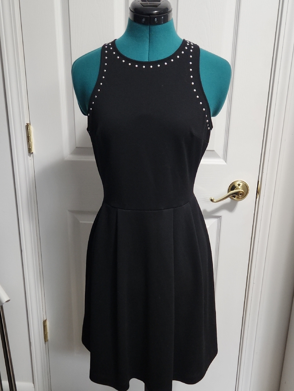 Stud-Trim Black Sleeveless Fit & Flare Dress